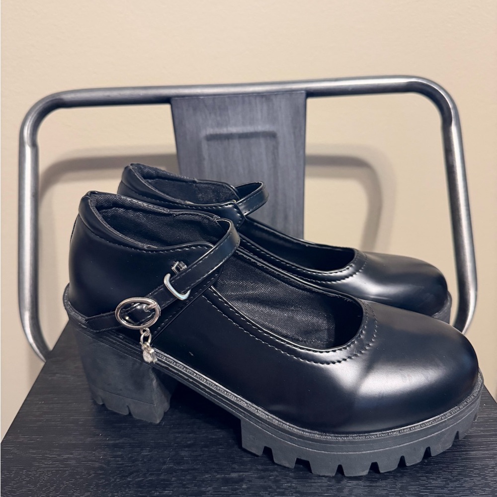 Black Chunky Mary Jane Platform Heels Goth Alt Lug Sole Strap Charm Size 38